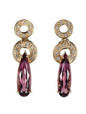 Estate Rubellite Tourmaline Earrings in Solid 14K Gold with Natural Diamonds